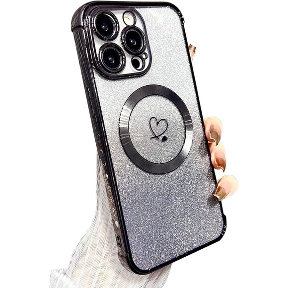 iPhone 15 Pro Max Case Magnetic Soft Cute Luxury Love Heart Black MagSafe Clear - Picture 1 of 2